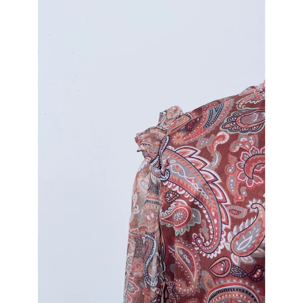 Sunday Up Women Paisley Smocked‎ Waist Ruffle Dress Medium Terracotta Boho Mini